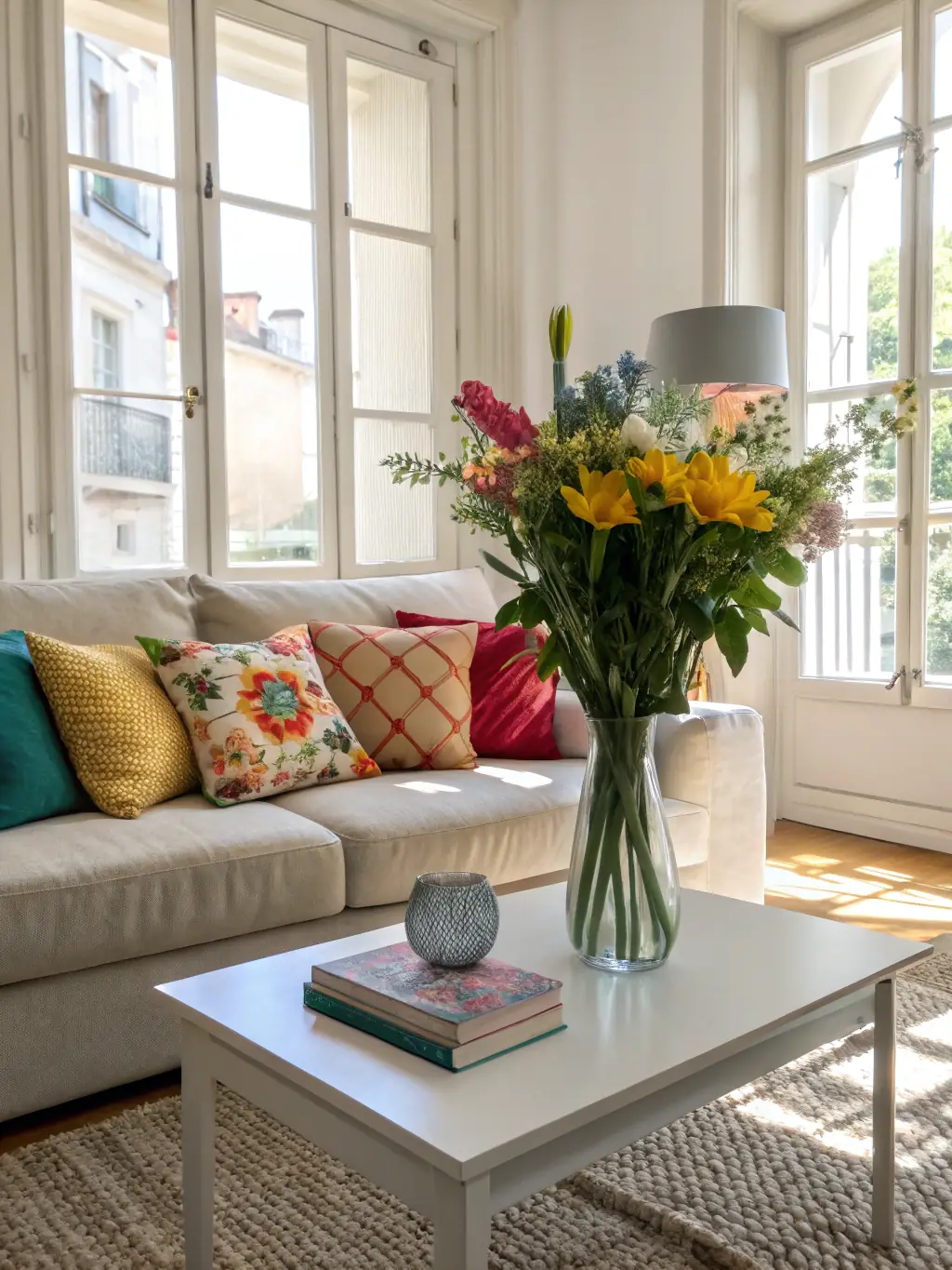 A brightly lit, tidy living room showcasing NeatZest Cleaning's regular home cleaning service, with subtle details like neatly arranged cushions and a spotless coffee table.