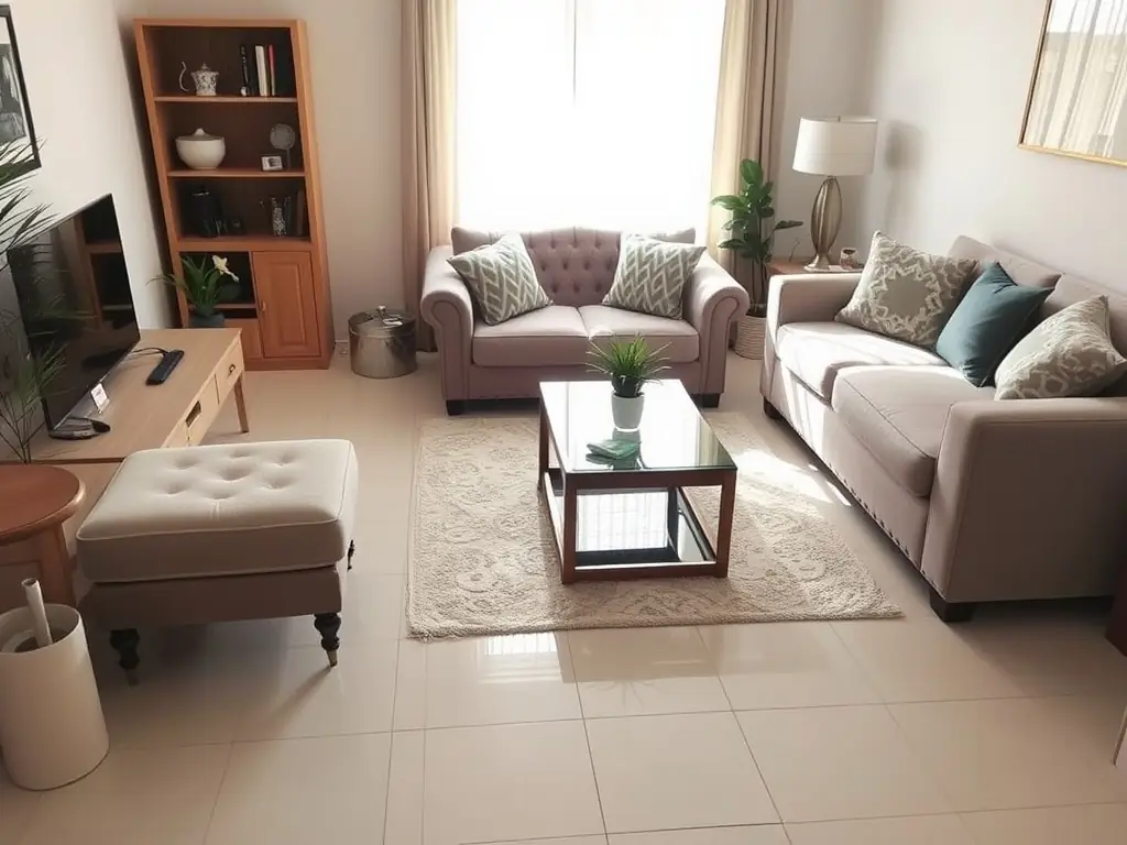 A brightly lit and spotless living room, showcasing the results of NeatZest Cleaning's regular home cleaning service, with sunlight streaming through the windows and highlighting the dust-free surfaces.